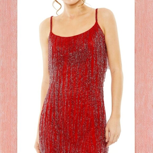 Mac Duggal Red Prom Spaghetti Strap Fringe Beaded Mini Dress Size 2 NEW - Picture 3 of 9